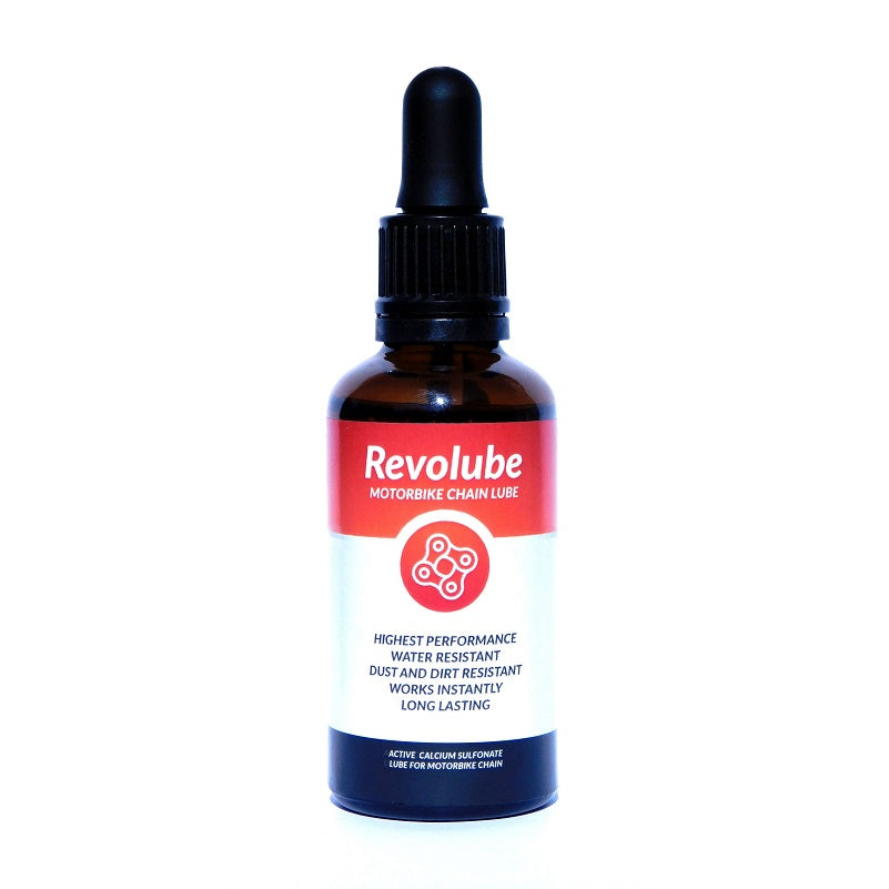 A 50ml glass bottle with pipette applicator of Revolubes Motorcycle Chain Lube, displayed against a white background.
